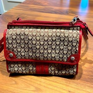 Brighton Red Cloth Cross-Body purse with card/ID holders and many pockets.